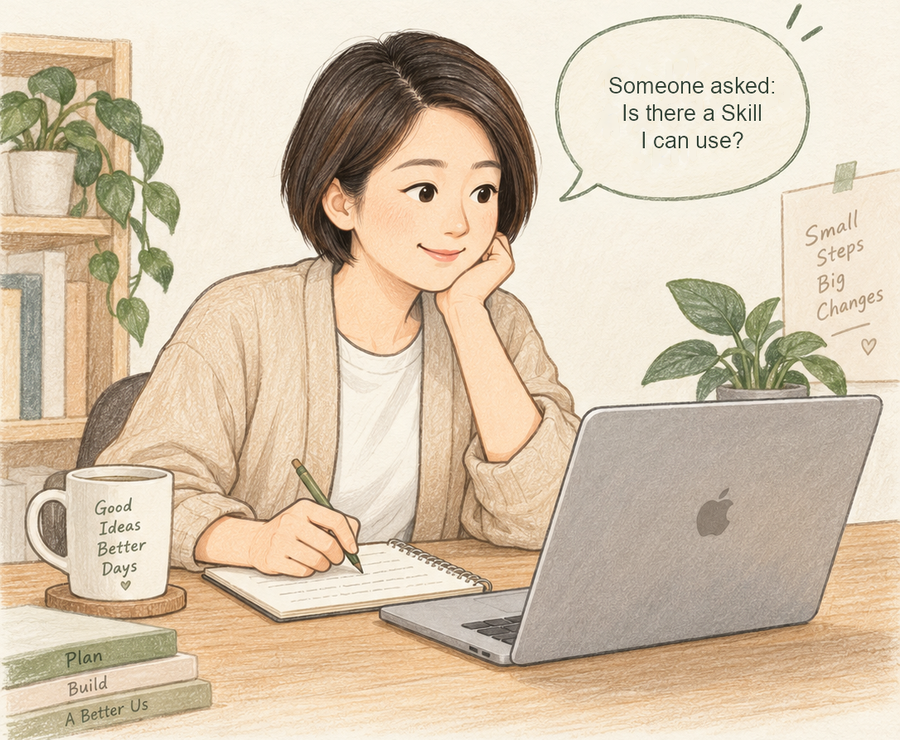 A short-haired character planning a workflow beside a laptop