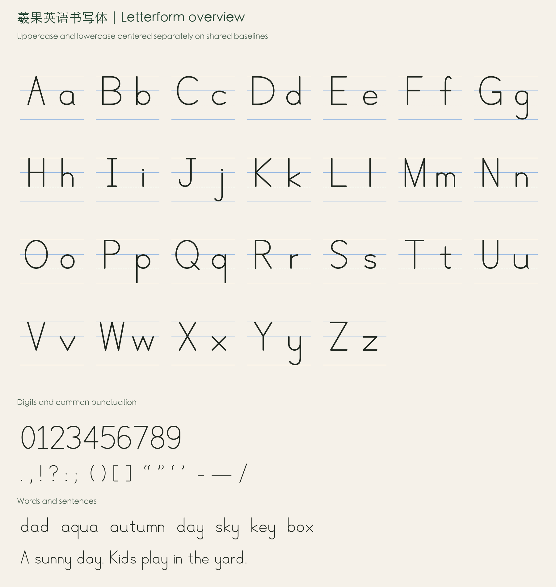 Complete approved letterform overview: 26 centered uppercase and lowercase pairs, digits, common punctuation, words including dad, aqua and autumn, and an example sentence.