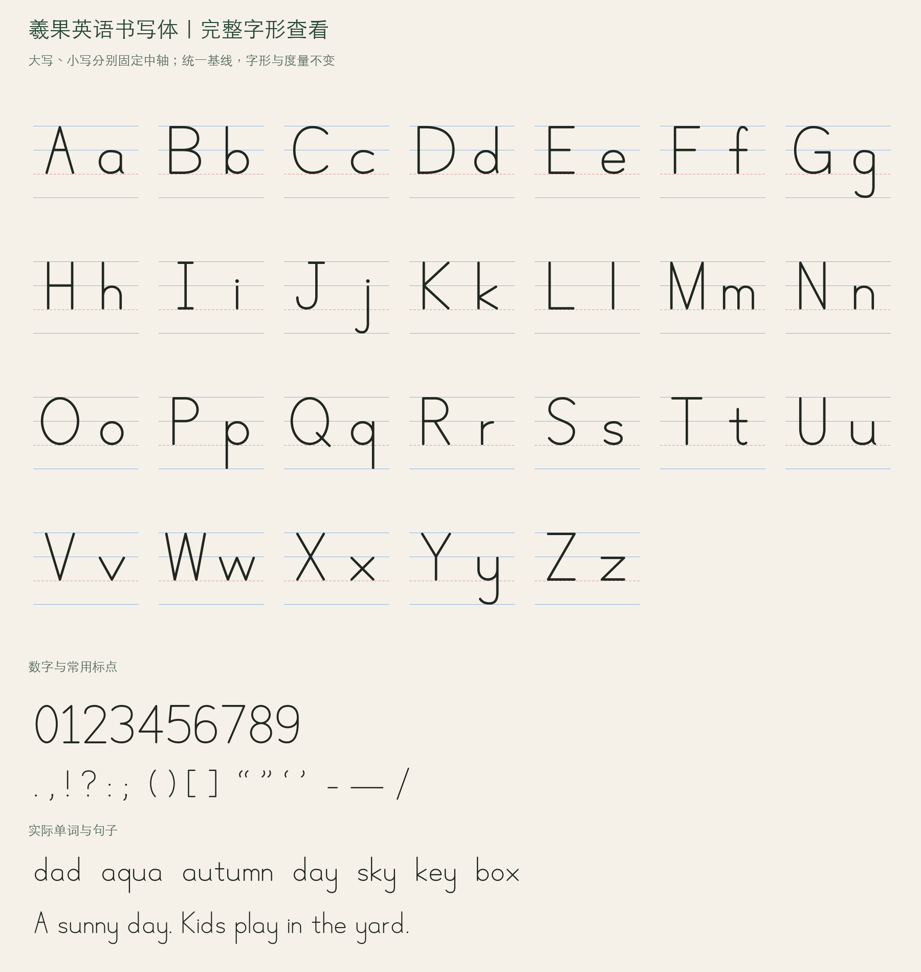 已确认字形的完整总览：26组大小写英文字母分别居中排列，数字、常用标点，以及 dad、aqua、autumn 等单词与英文例句。