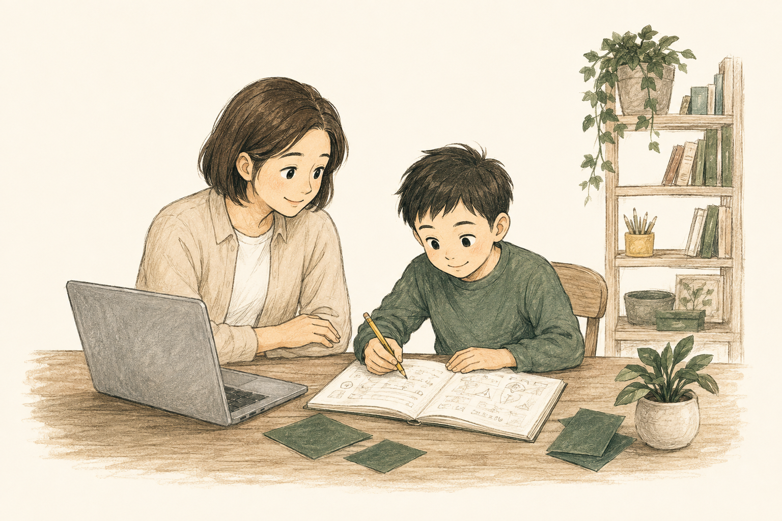 母亲陪孩子在桌前学习的暖纸风插图